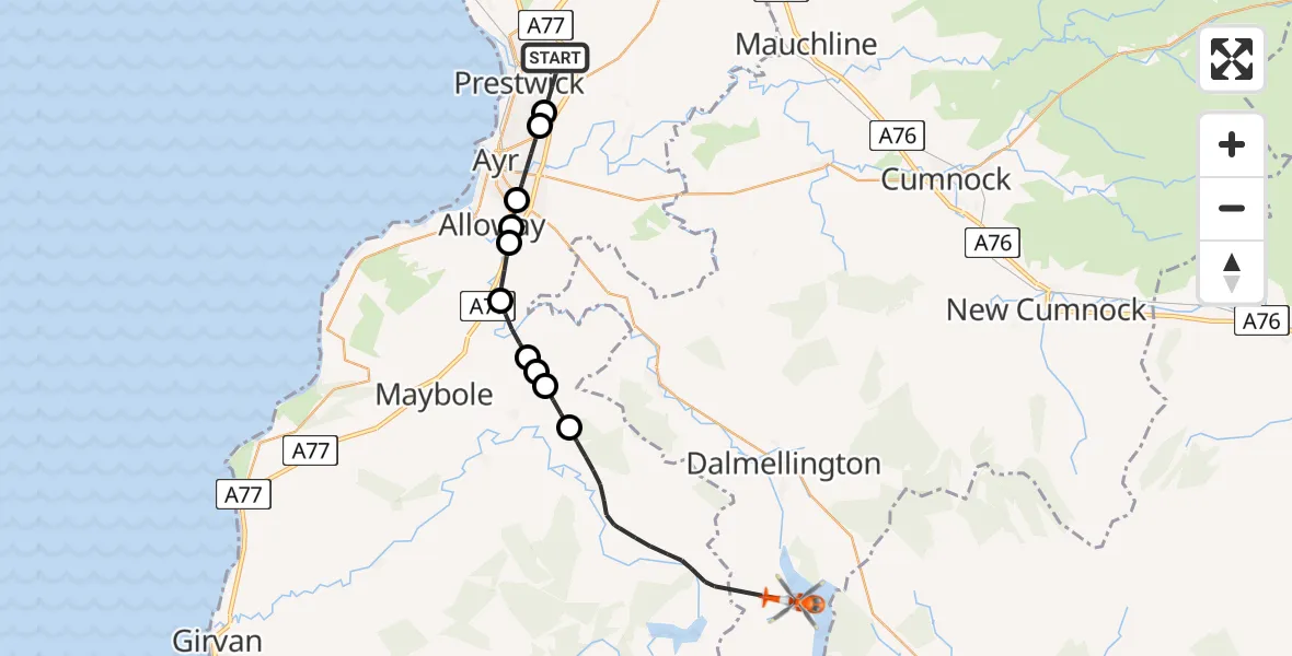 Flight path map showing Coastguard Helicopter route from Glasgow Prestwick Airport to Straiton