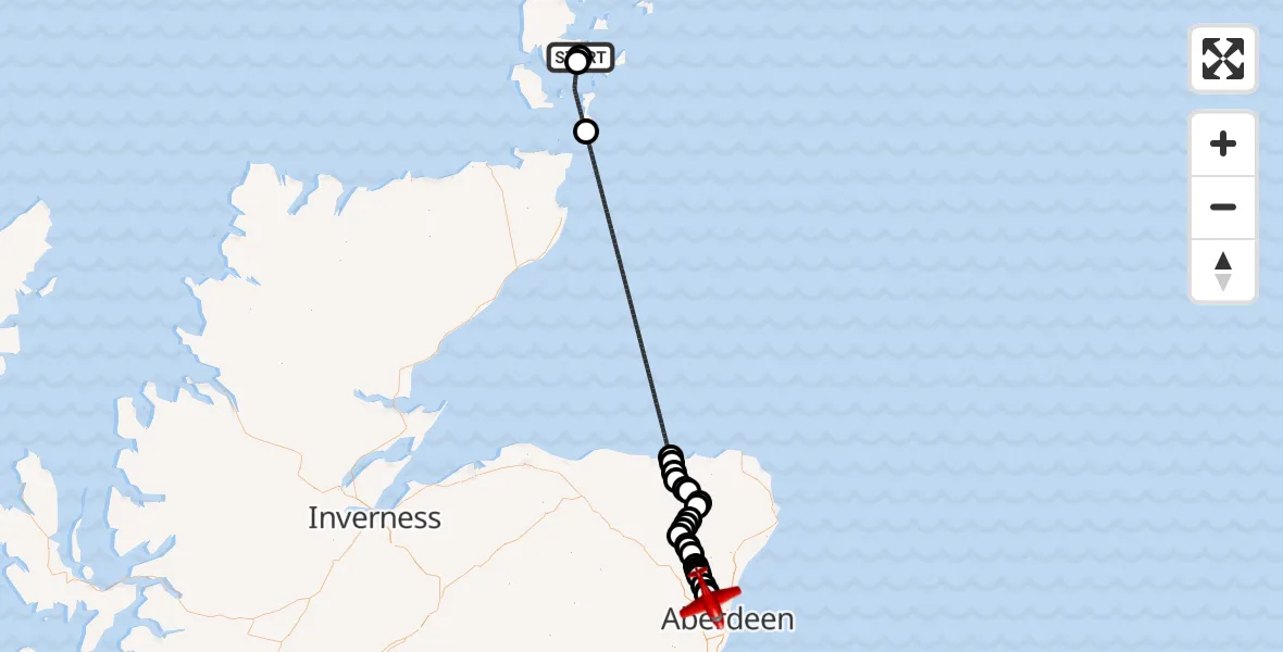 Flight path map showing Air Ambulance Aircraft route from Kirkwall to Aberdeen City