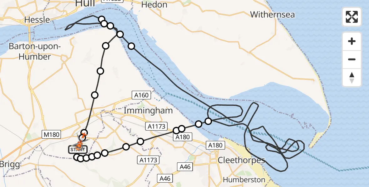 Flight path map showing Coastguard Helicopter route from Humberside Airport to Humberside Airport