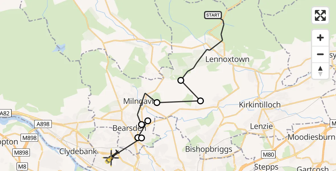 Flight path map showing Police Helicopter route from Clachan of Campsie to Glasgow