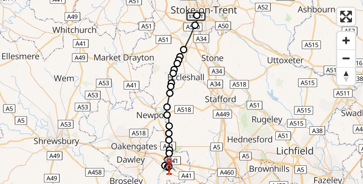 Flight path map showing Air Ambulance Helicopter route from University Hospital North Staffs to Cosford