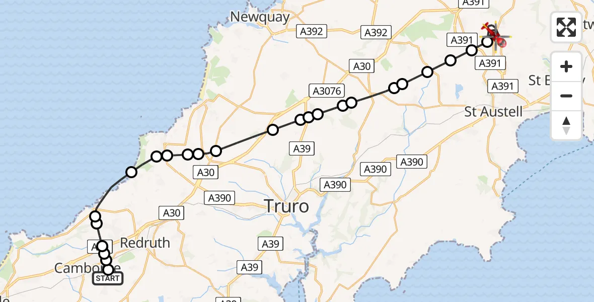 Flight path map showing Air Ambulance Helicopter route from Beacon to Bugle