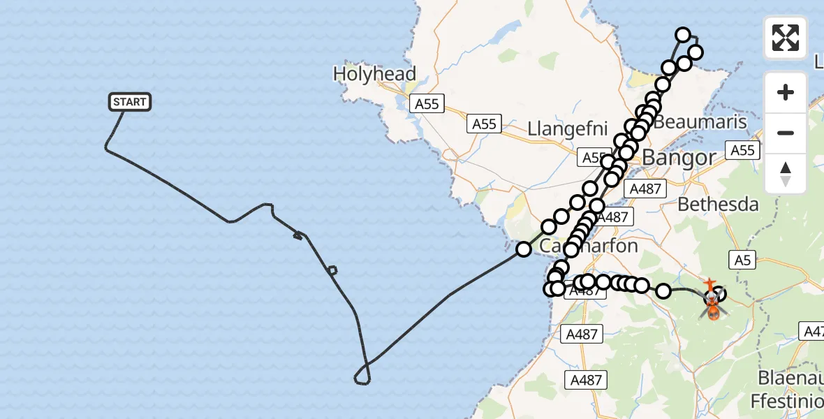 Flight path map showing Coastguard Helicopter route from Irish Sea to Llanberis