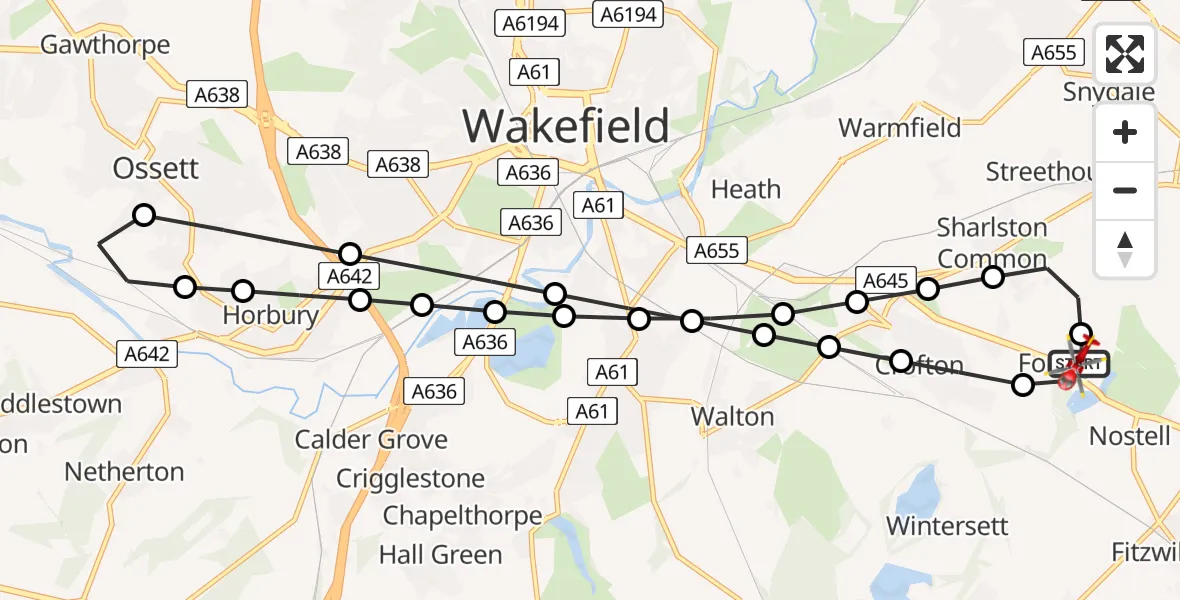 Flight path map showing Air Ambulance Helicopter route from YAA Nostell Helicopter Port to YAA Nostell Helicopter Port