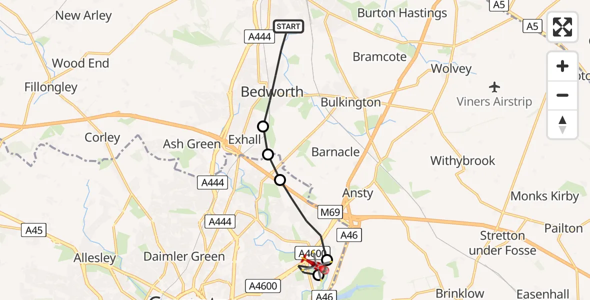Flight path map showing Air Ambulance Helicopter route from Bedworth to Coventry