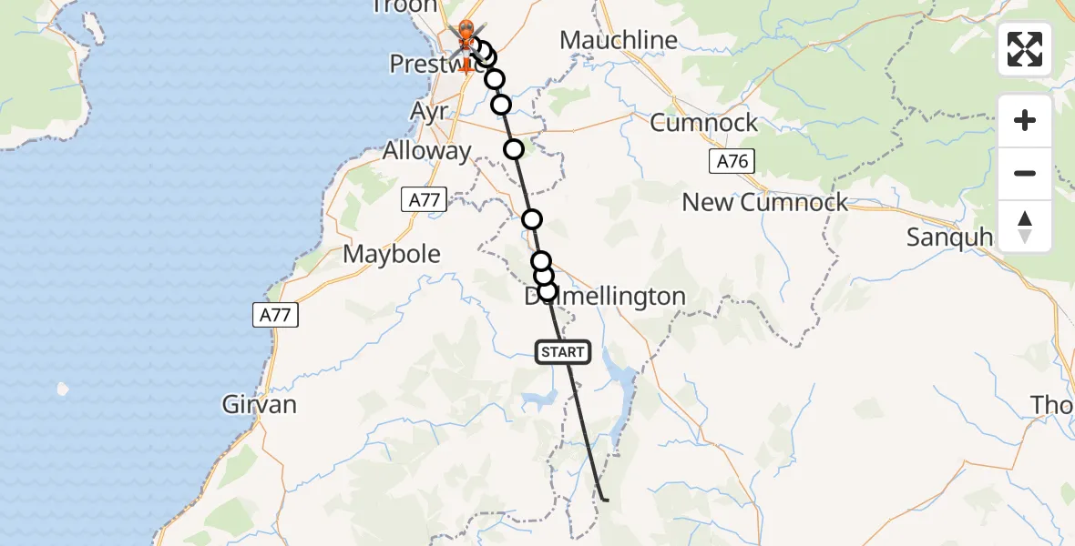 Flight path map showing Coastguard Helicopter route from Dalmellington to Glasgow Prestwick Airport