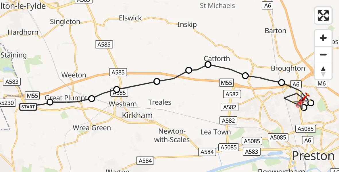 Flight path map showing Air Ambulance Helicopter route from Fylde to Preston