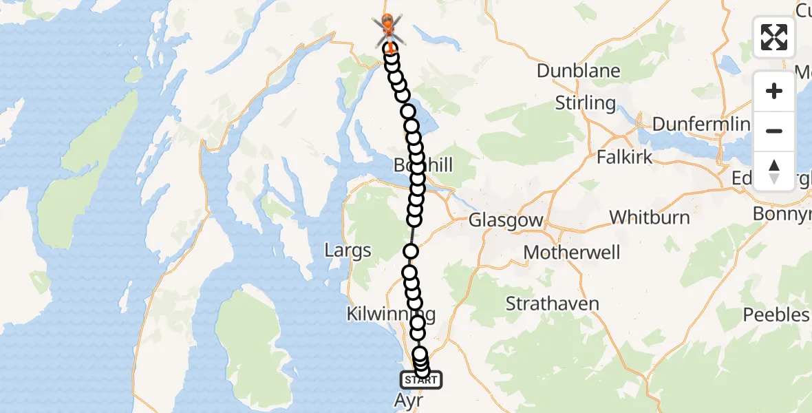 Flight path map showing Coastguard Helicopter route from Glasgow Prestwick Airport to Loch Lomond