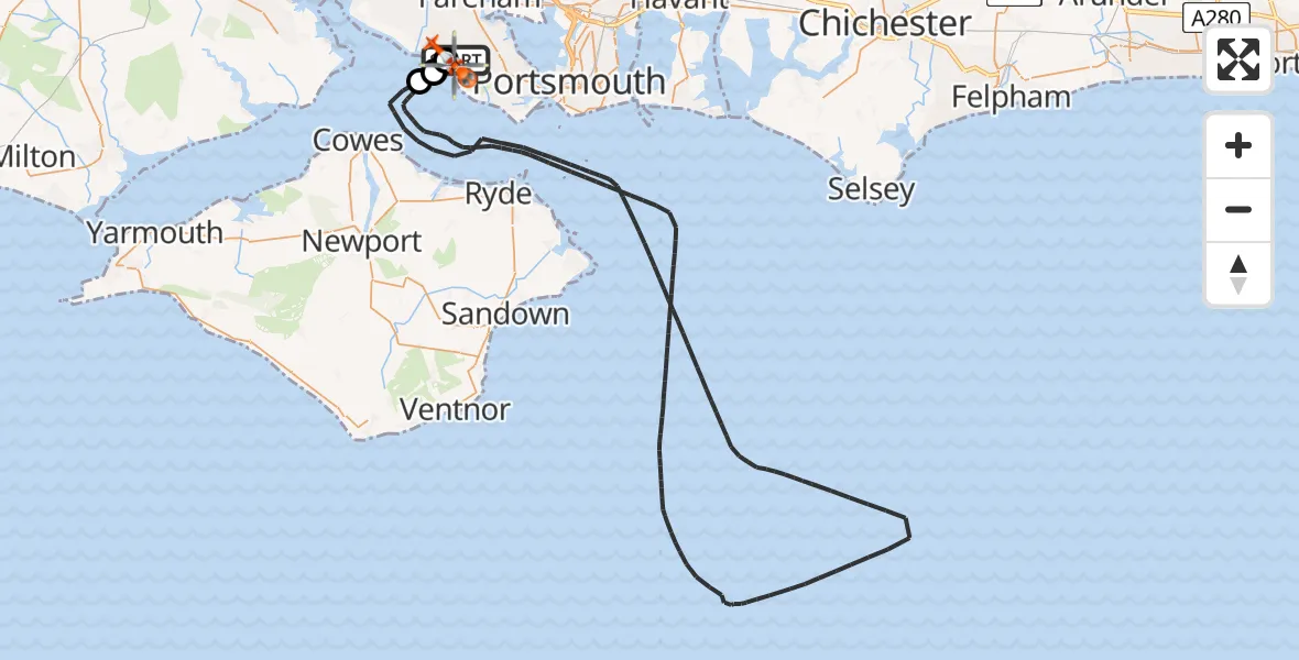 Flight path map showing Coastguard Helicopter route from Solent Airport to Solent Airport