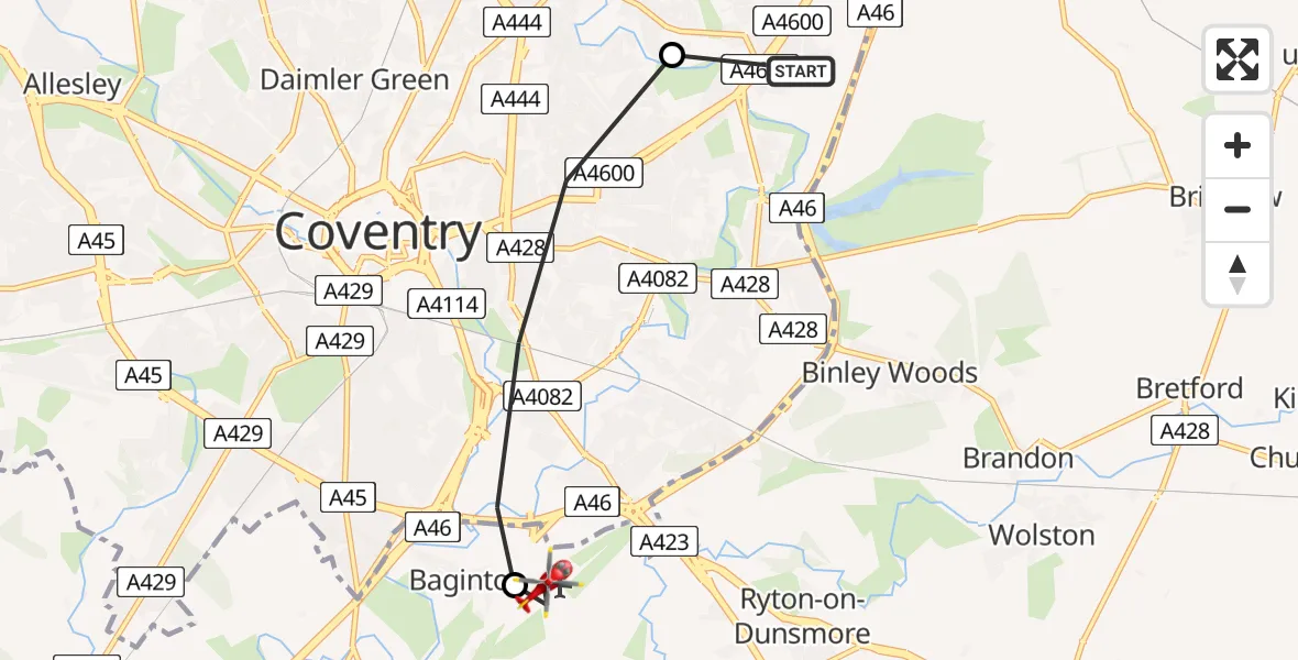 Flight path map showing Air Ambulance Helicopter route from University Hospital Coventry to Coventry Airport