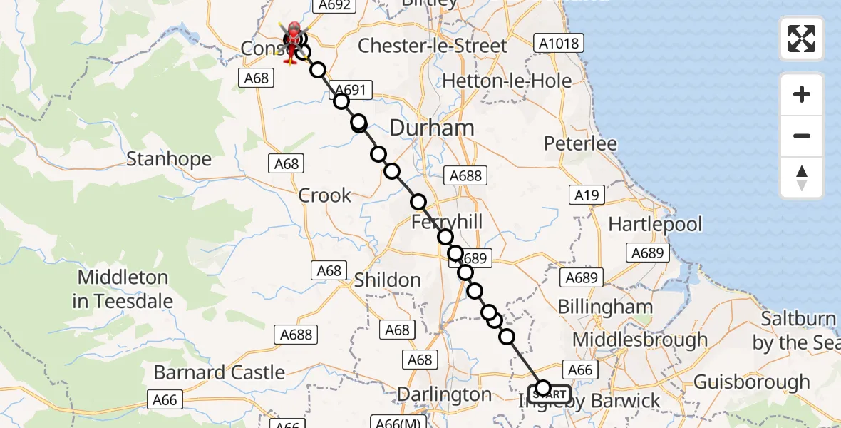 Flight path map showing Air Ambulance Helicopter route from Egglescliffe to Leadgate
