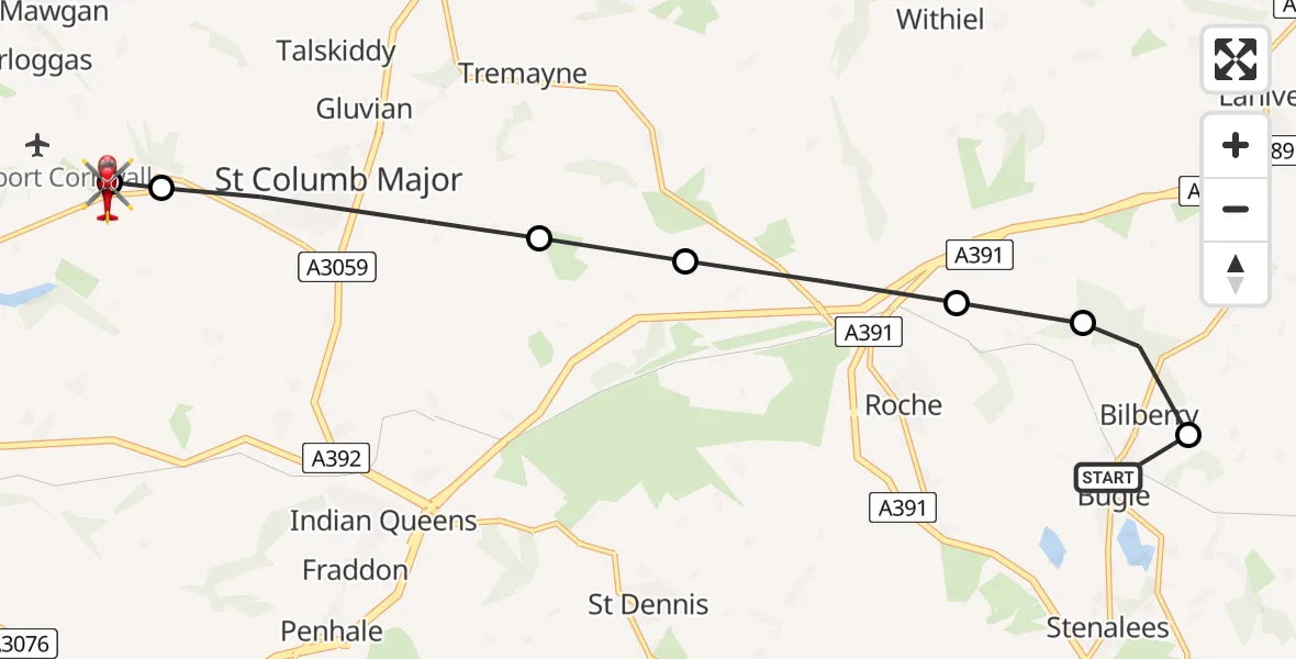 Flight path map showing Air Ambulance Helicopter route from Bugle to Cornwall Airport Newquay