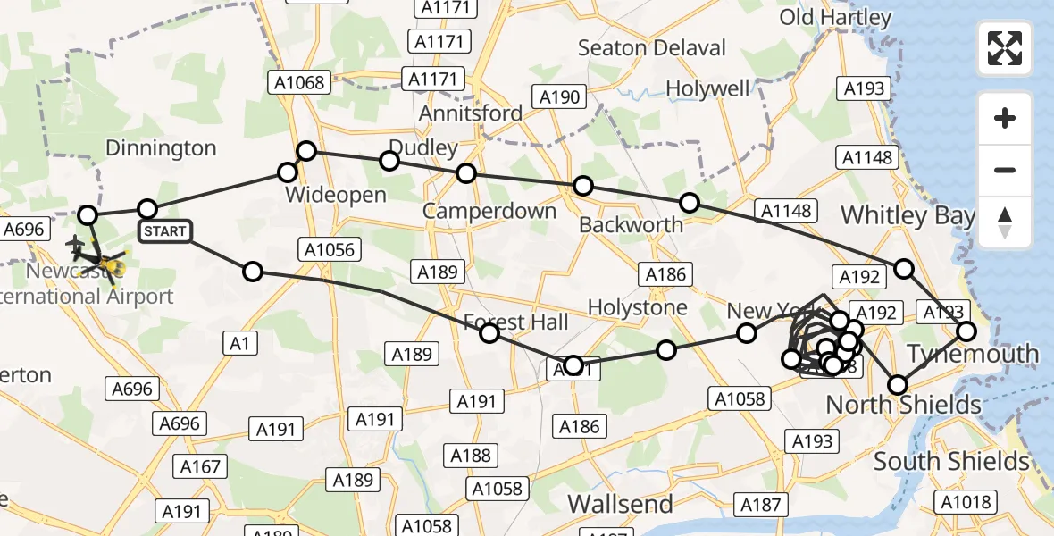 Flight path map showing Police Helicopter route from Newcastle International Airport to Newcastle International Airport