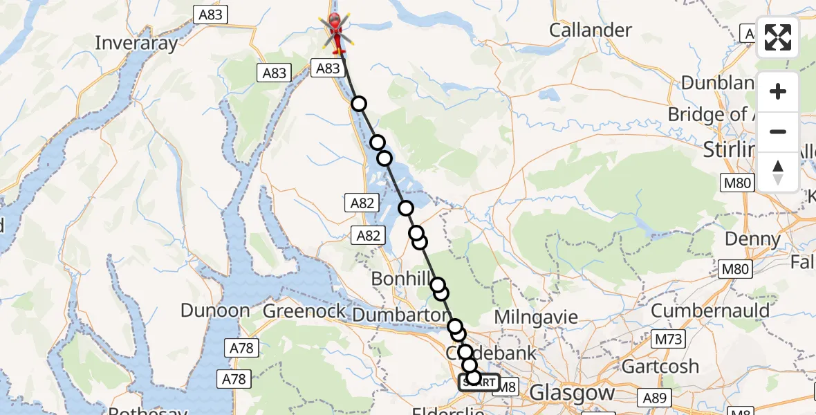Flight path map showing Air Ambulance Helicopter route from Glasgow Airport to Loch Lomond