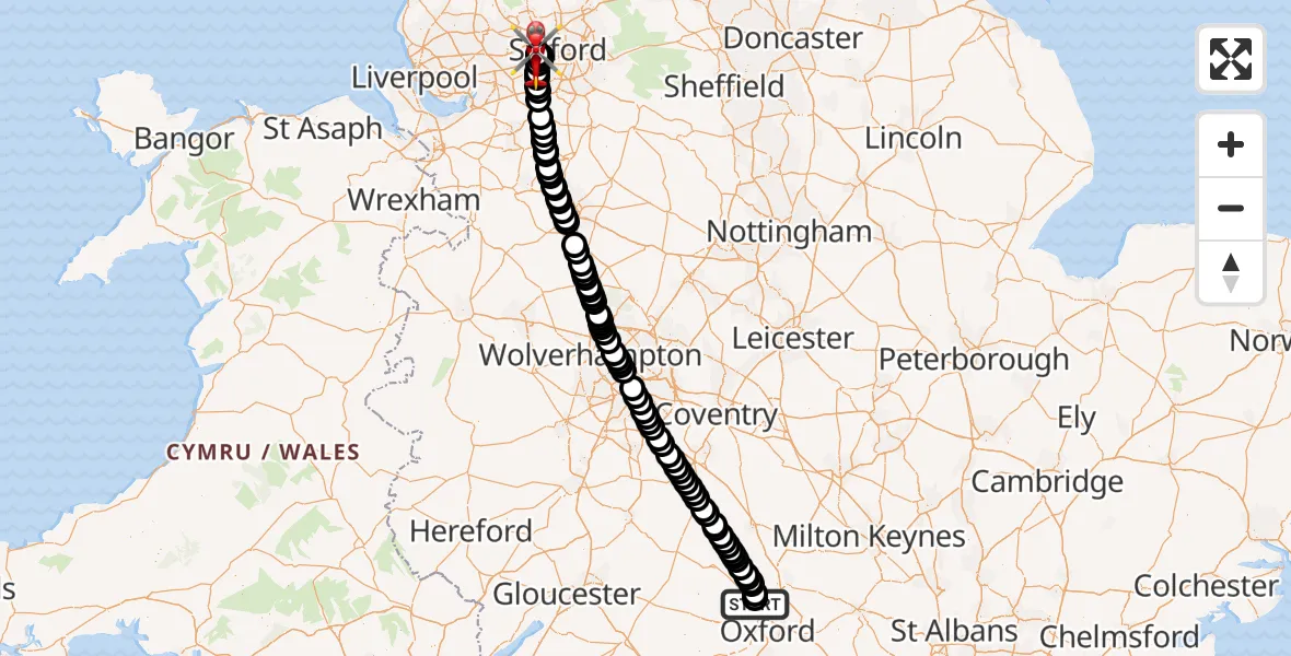 Flight path map showing Air Ambulance Helicopter route from London Oxford Airport to Manchester Barton Aerodrome