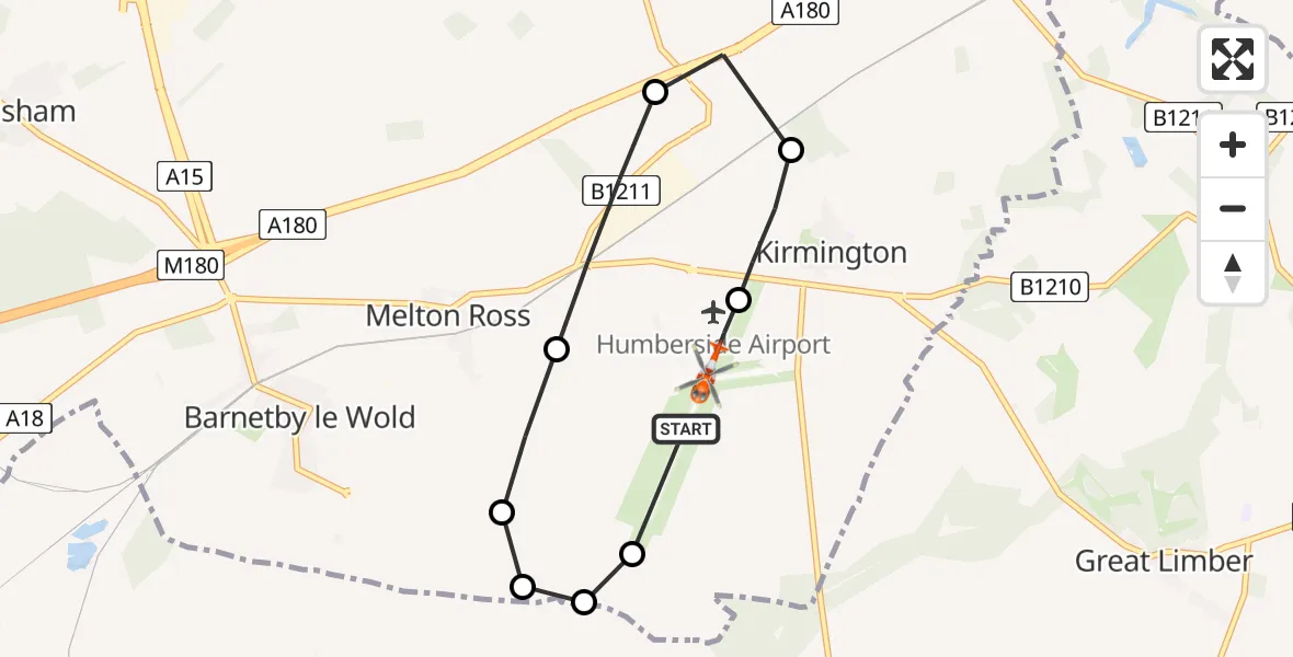Flight path map showing Coastguard Helicopter route from Humberside Airport to Humberside Airport