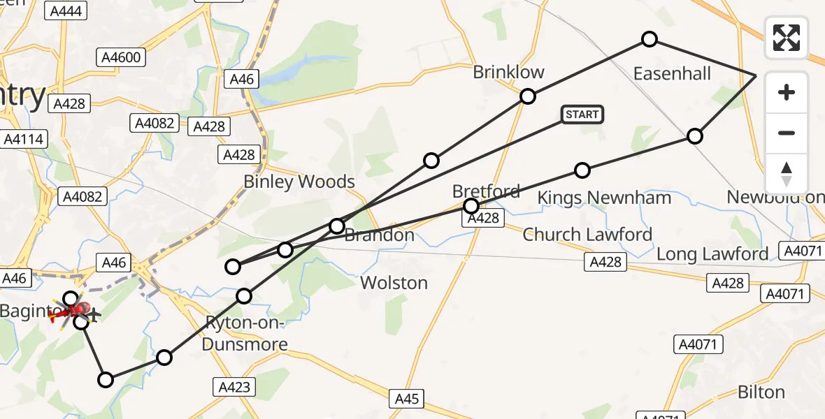 Flight path map showing Air Ambulance Helicopter route from Easenhall CP to Baginton