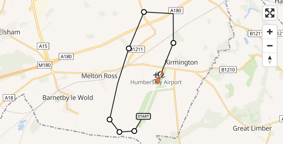 Flight path map showing Coastguard Helicopter route from Humberside Airport to Humberside Airport
