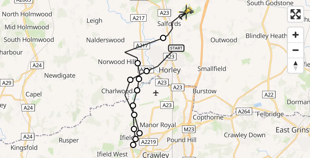 Flight path map showing Police Helicopter route from Horley to Redhill Aerodrome