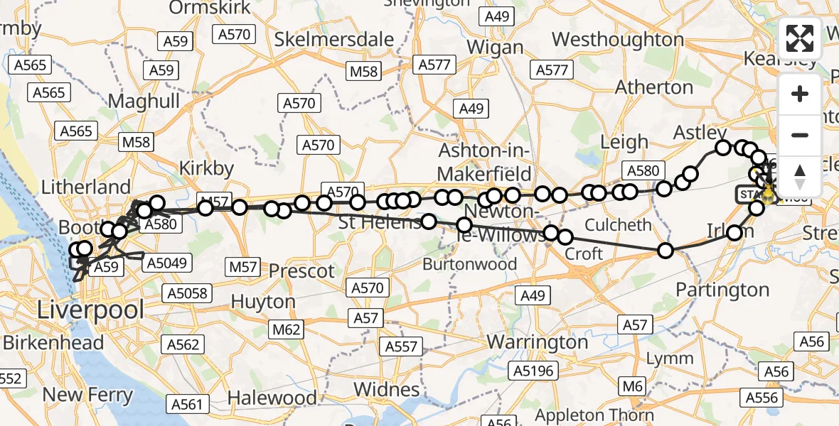 Flight path map showing Police Helicopter route from Manchester Barton Aerodrome to Manchester Barton Aerodrome