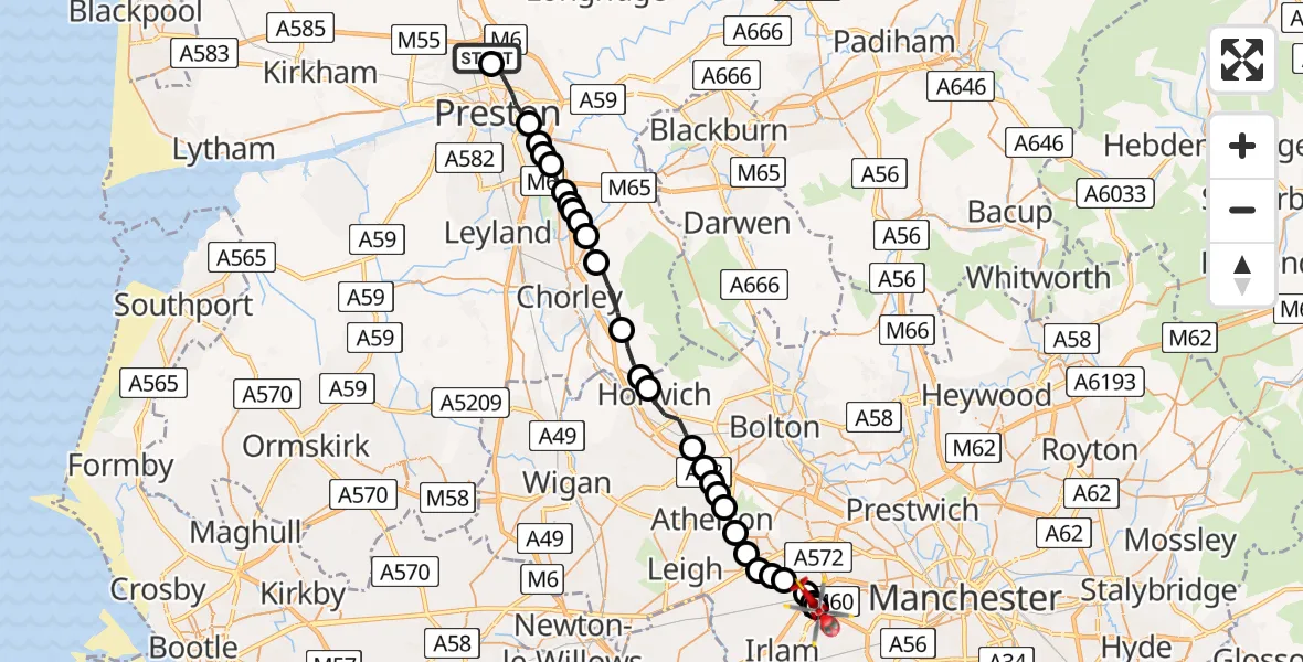 Flight path map showing Air Ambulance Helicopter route from Royal Preston to Manchester Barton Aerodrome