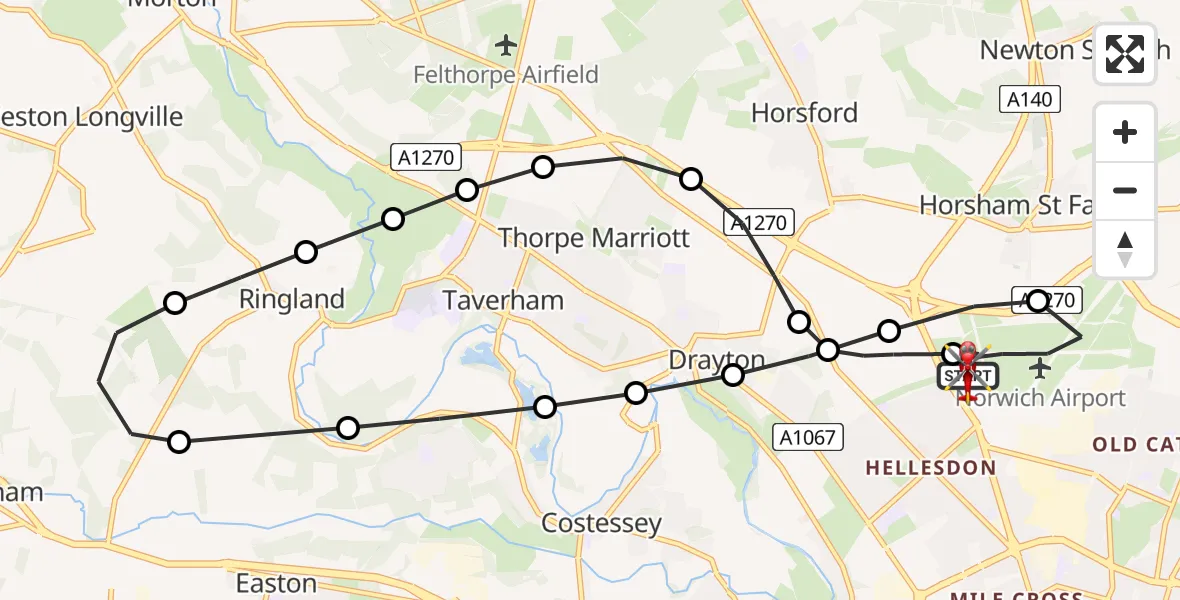 Flight path map showing Air Ambulance Helicopter route from Norwich Airport to Norwich Airport