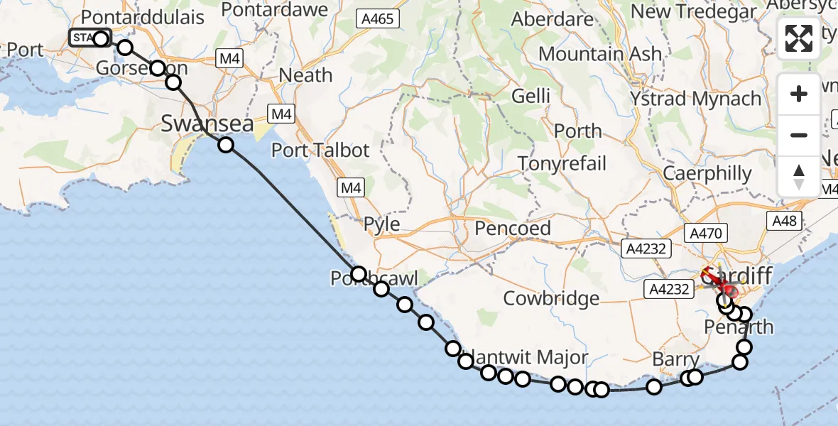 Flight path map showing Air Ambulance Helicopter route from Dafen to Cardiff