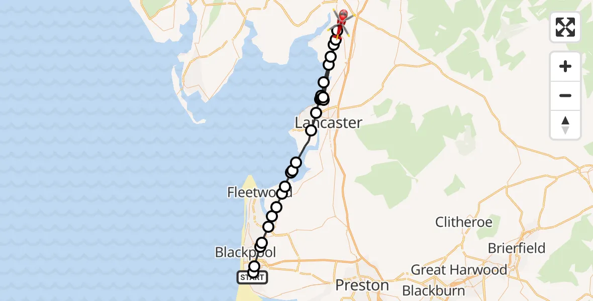 Flight path map showing Air Ambulance Helicopter route from Blackpool Airport to Beetham