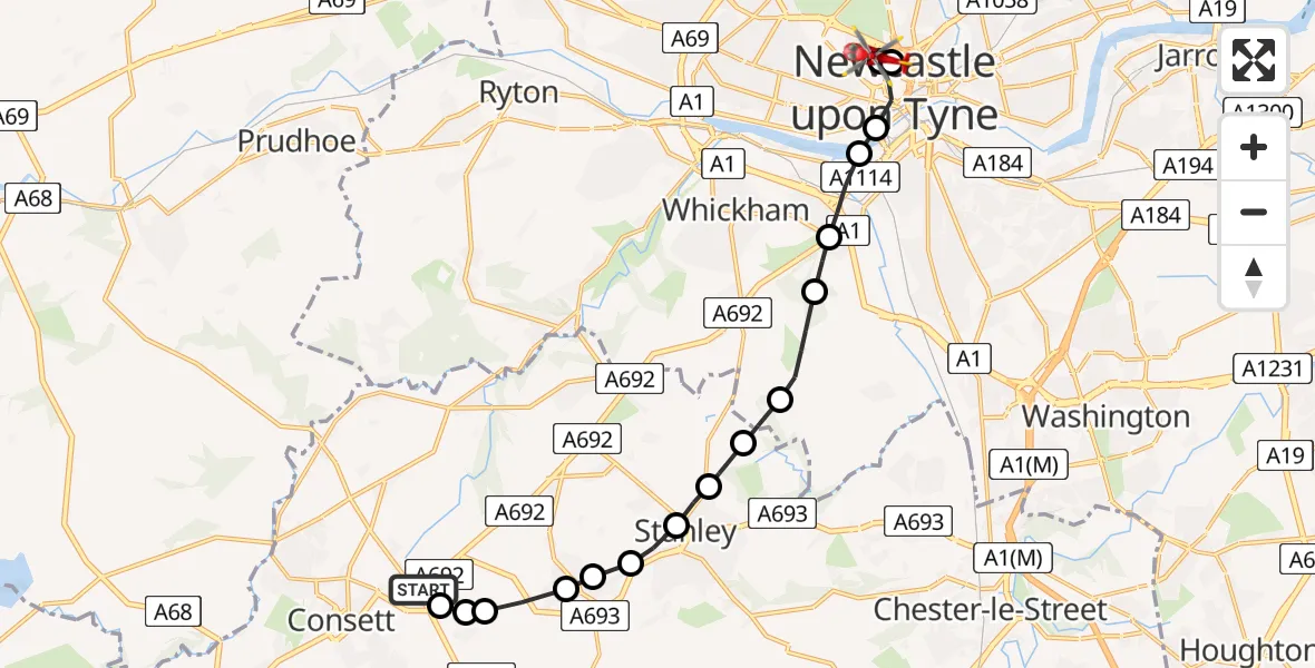 Flight path map showing Air Ambulance Helicopter route from Consett to Newcastle Royal Victoria Infirmary