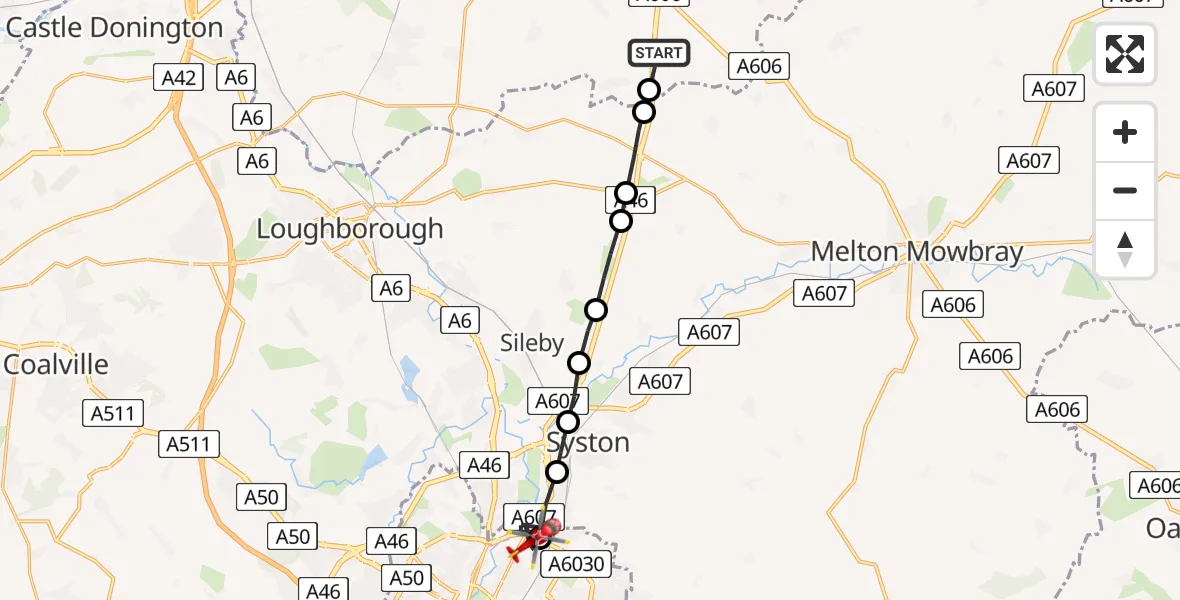 Routekaart van de vlucht: Air Ambulance Helicopter to Leicester, Stonehaven Road