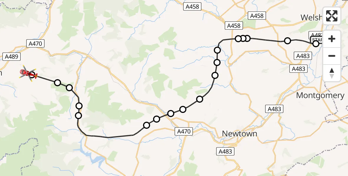 Flight path map showing Air Ambulance Helicopter route from Welshpool Airport to Darowen