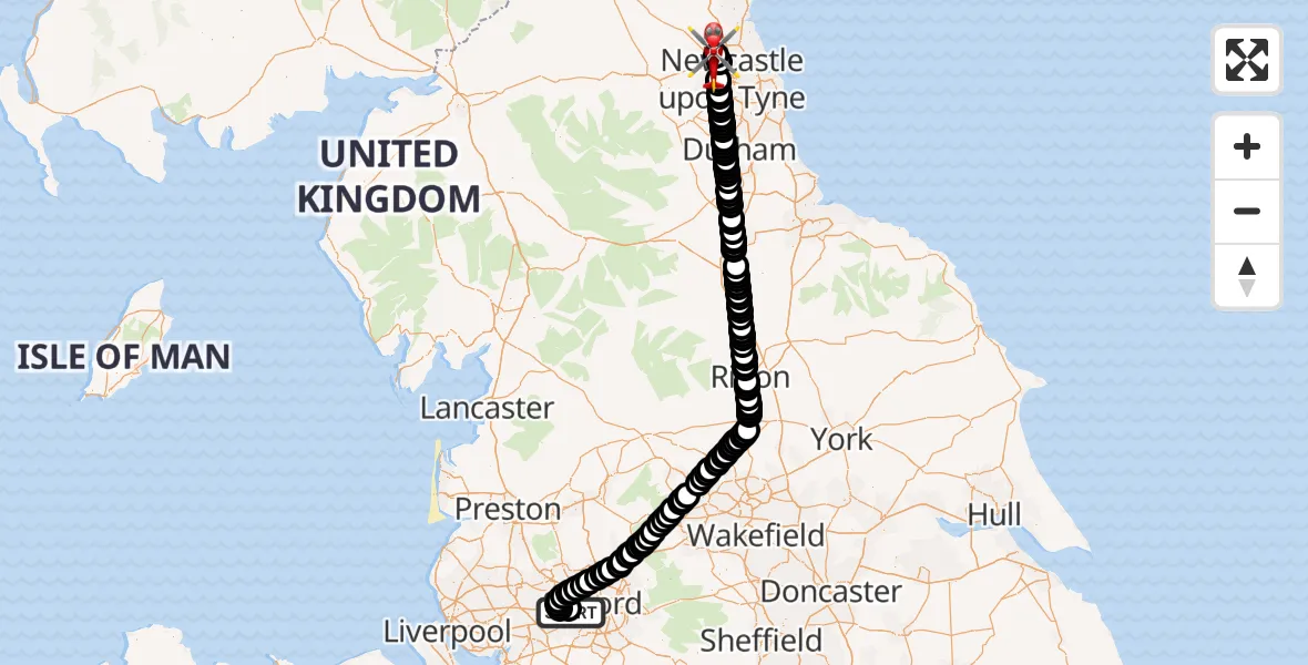 Flight path map showing Air Ambulance Helicopter route from Manchester Barton Aerodrome to Newcastle International Airport