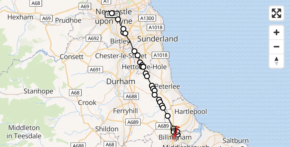 Flight path map showing Air Ambulance Helicopter route from Newcastle Royal Victoria Infirmary to Billingham