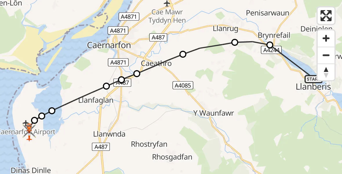 Flight path map showing Coastguard Helicopter route from Llyn Padarn to Caernarfon Airport