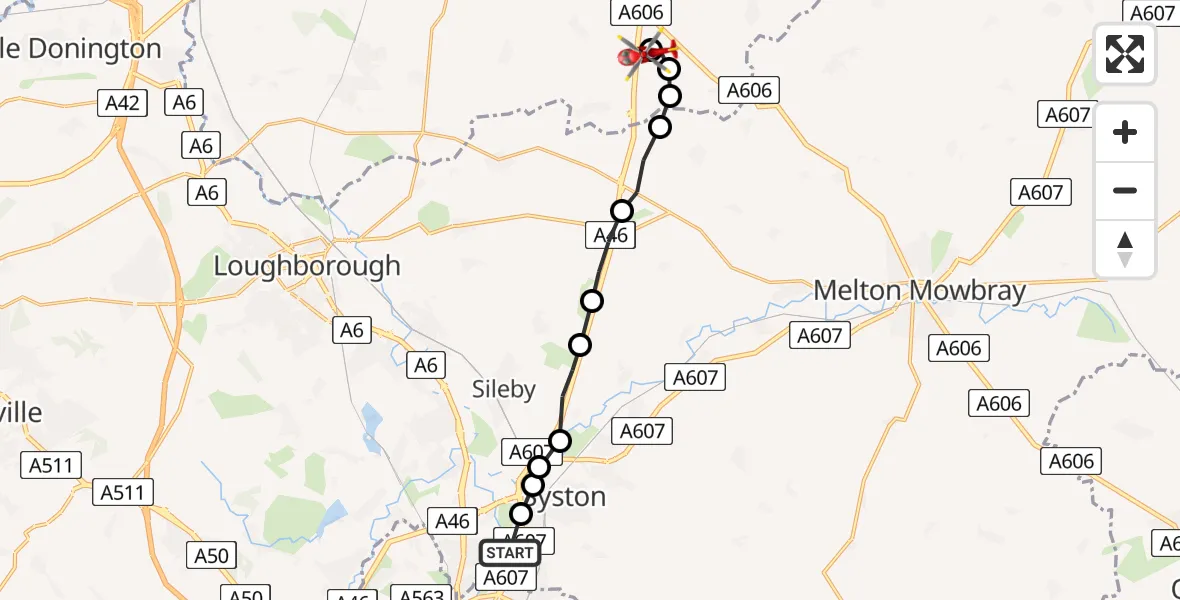 Flight path map showing Air Ambulance Helicopter route from Thurmaston to Nottingham Heliport