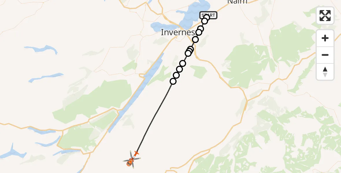 Flight path map showing Coastguard Helicopter route from Inverness Airport to Aberarder