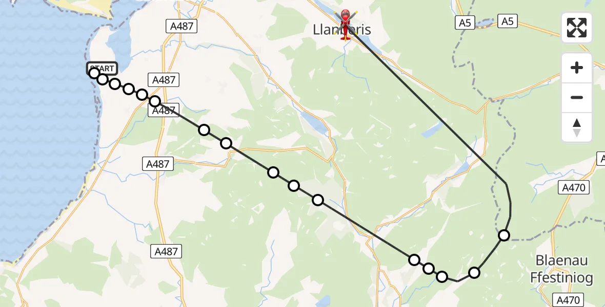 Flight path map showing Air Ambulance Helicopter route from Caernarfon Airport to Llyn Padarn