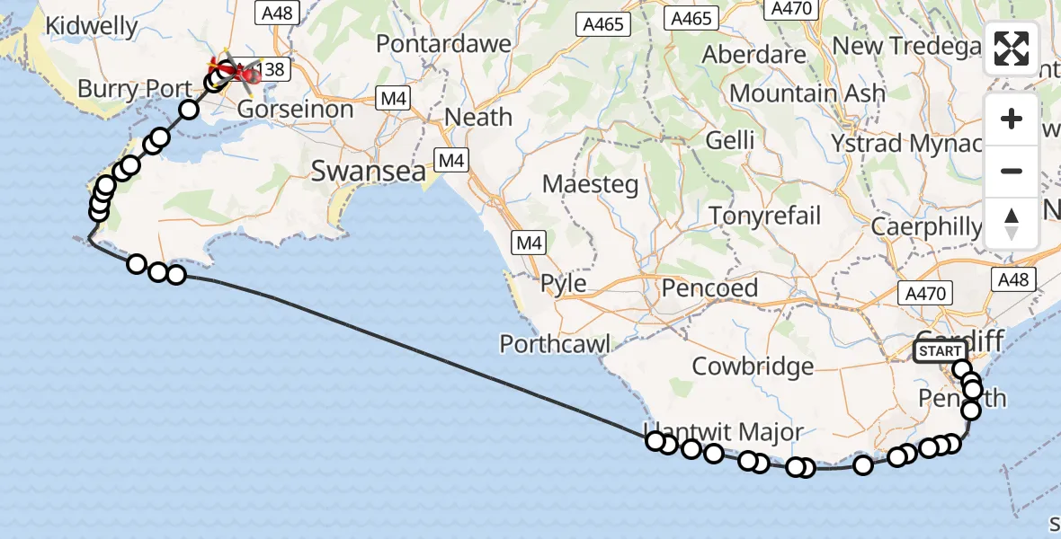 Flight path map showing Air Ambulance Helicopter route from Cardiff to Dafen