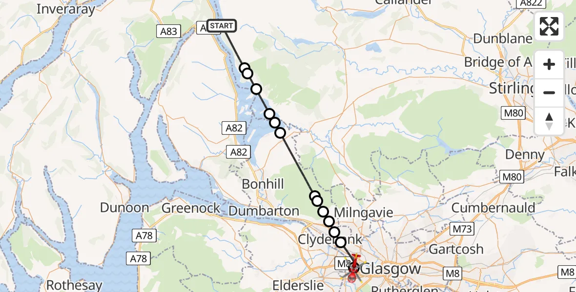 Flight path map showing Air Ambulance Helicopter route from Loch Lomond to Queen Elizabeth Hospital
