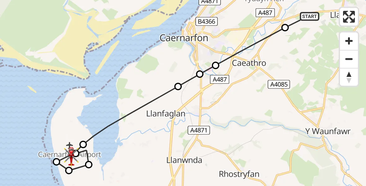 Flight path map showing Air Ambulance Helicopter route from Llanrug to Caernarfon Airport