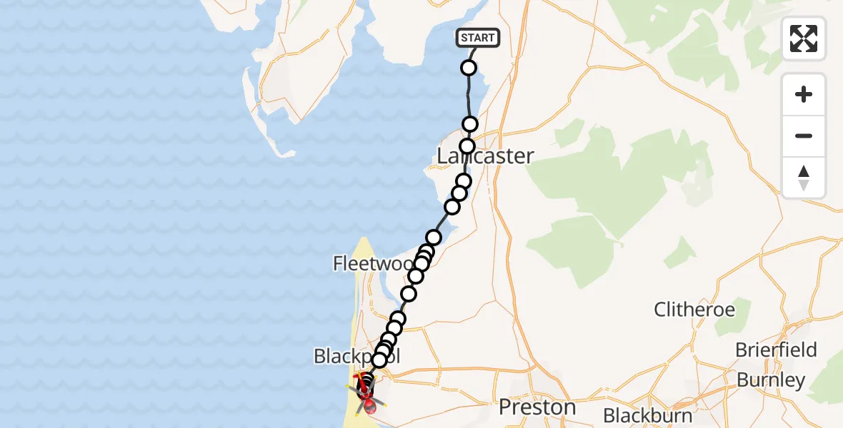 Flight path map showing Air Ambulance Helicopter route from Silverdale to Blackpool Airport