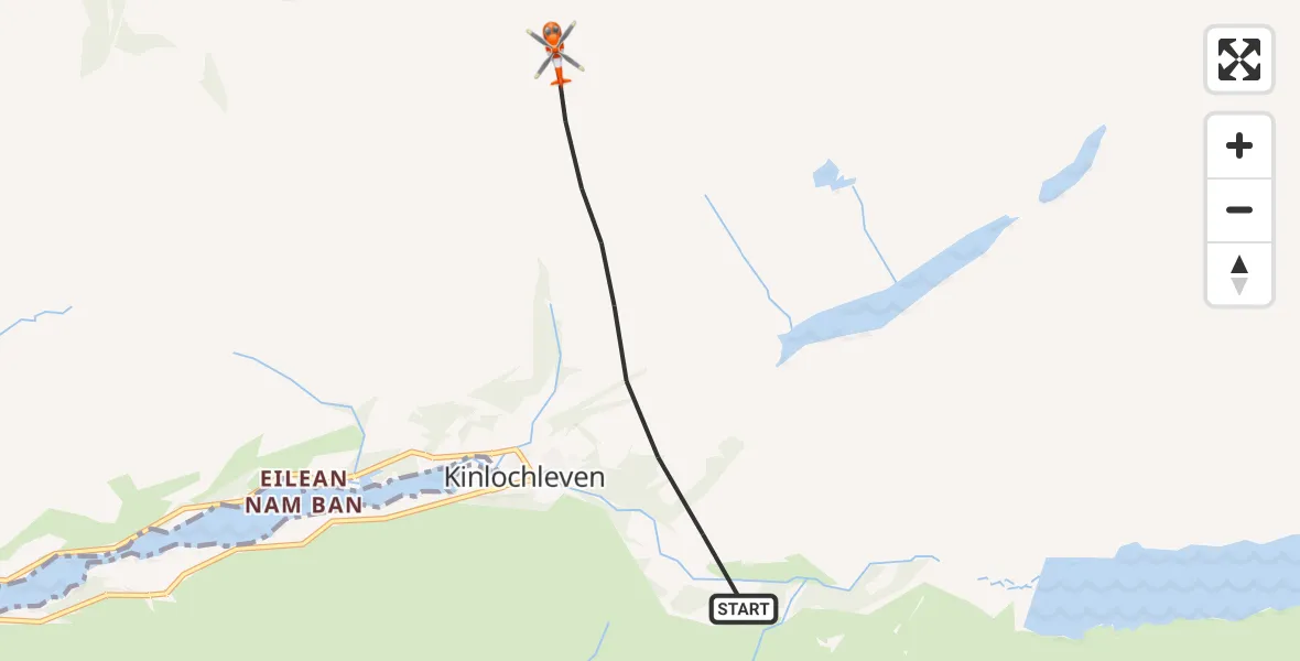 Flight path map showing Coastguard Helicopter route from Kinlochleven to Kinlochleven