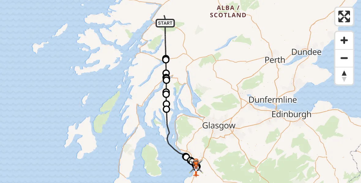 Flight path map showing Coastguard Helicopter route from Kinlochleven to Glasgow Prestwick Airport