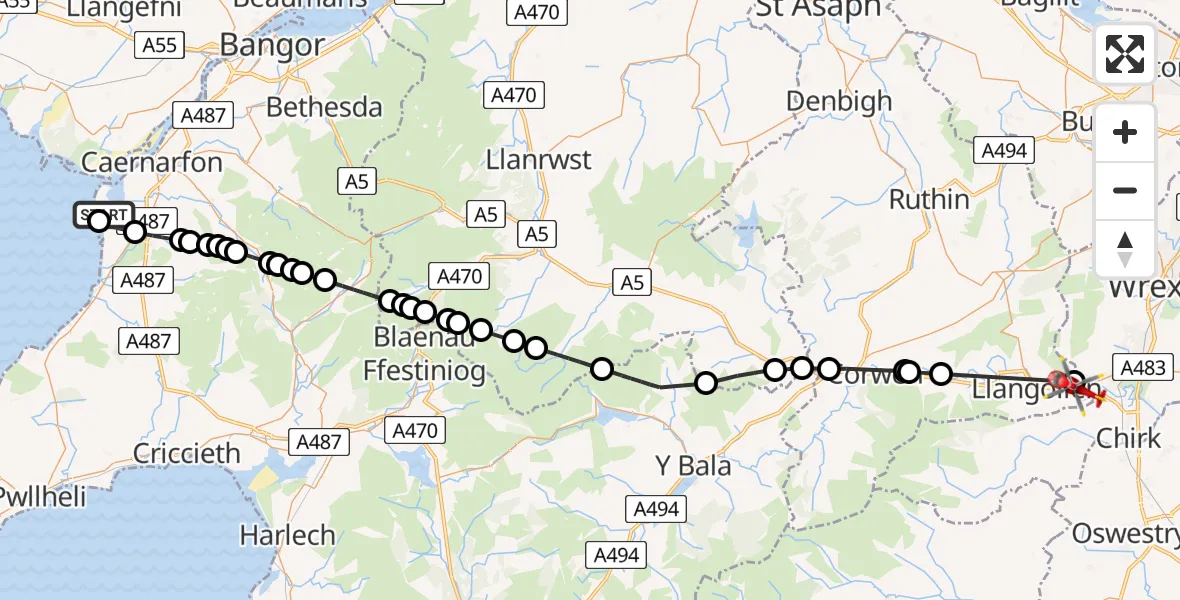 Flight path map showing Air Ambulance Helicopter route from Caernarfon Airport to Llangollen