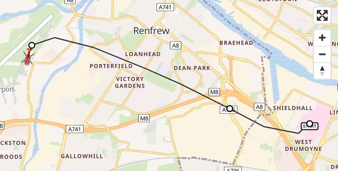 Flight path map showing Air Ambulance Helicopter route from Queen Elizabeth Hospital to Glasgow Airport