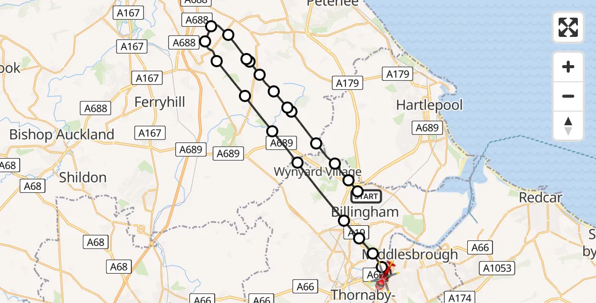 Flight path map showing Air Ambulance Helicopter route from Billingham to Middlesbrough