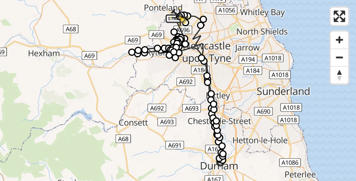 Flight path map showing Police Helicopter route from Newcastle International Airport to Newcastle International Airport