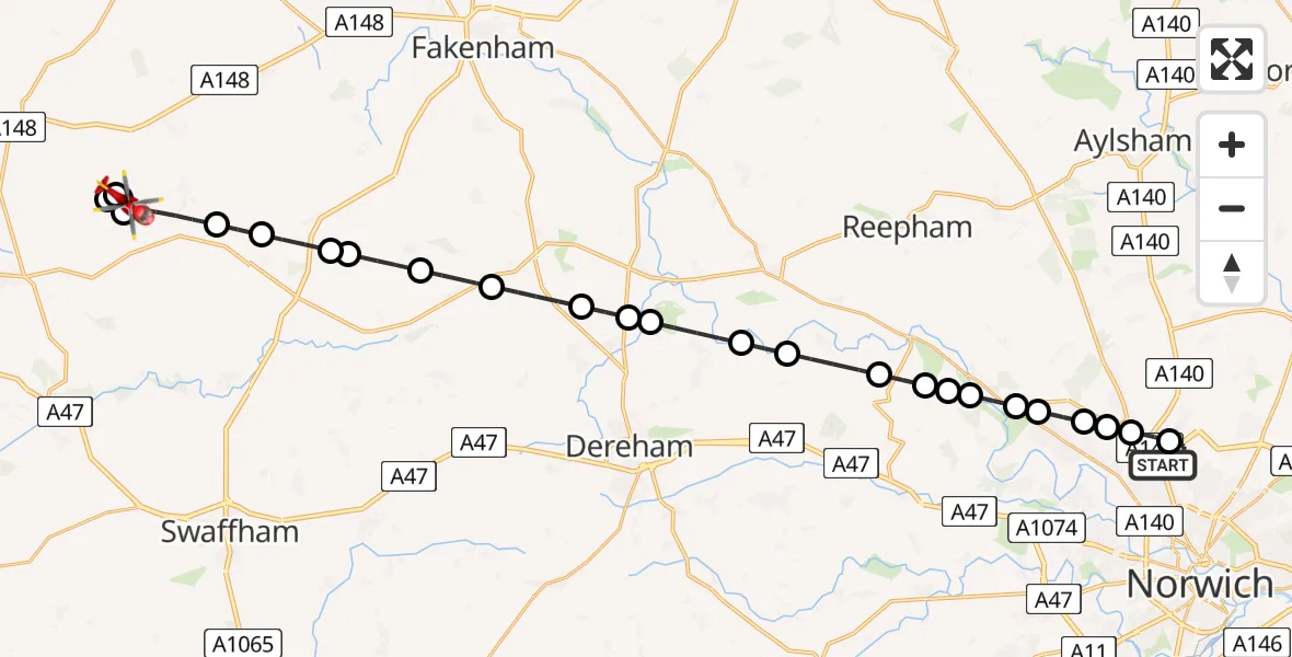 Flight path map showing Air Ambulance Helicopter route from Norwich Airport to Little Massingham