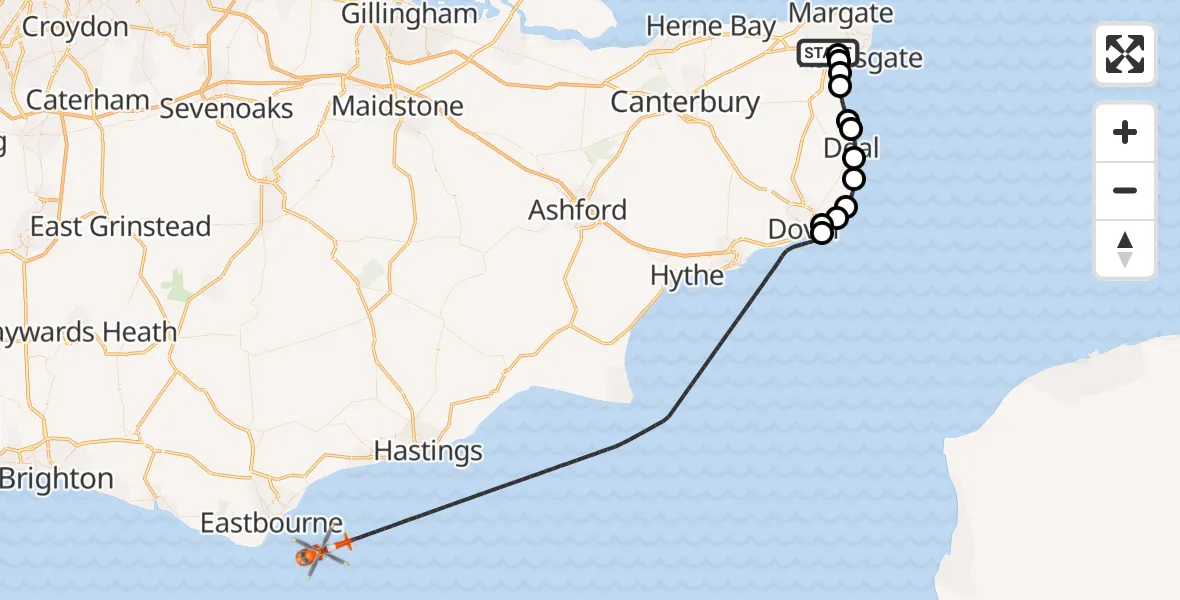 Flight path map showing Coastguard Helicopter route from Manston Airport to English Channel