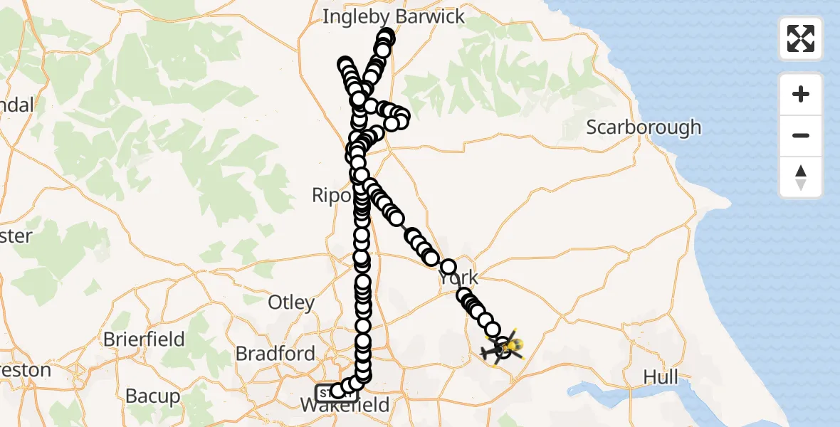 Flight path map showing Police Helicopter route from Wakefield to Breighton